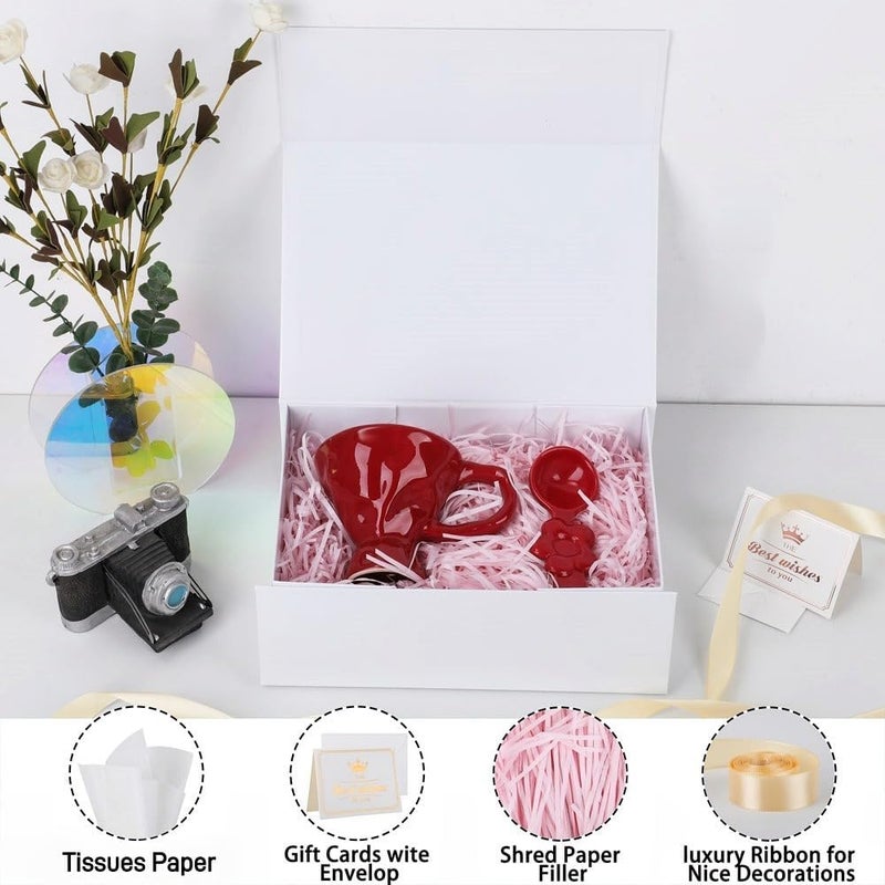 UoeRing 1 Pcs White Gift Box 11.5x8x4 inch Luxury Gift Box for Presents with Magnetic Lid Collapsible,Birthday,Christmas,Contains Card, Ribbon, Tissue Paper,Shredded Paper Fille - Image 3